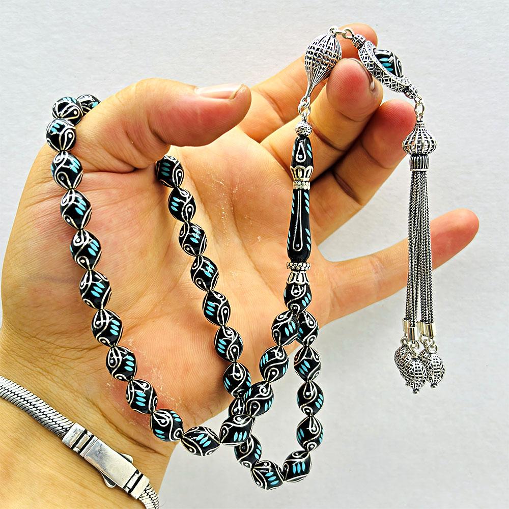 Blue Alman Enamel Crafted Erzurum Oltu Stone Prayer Beads