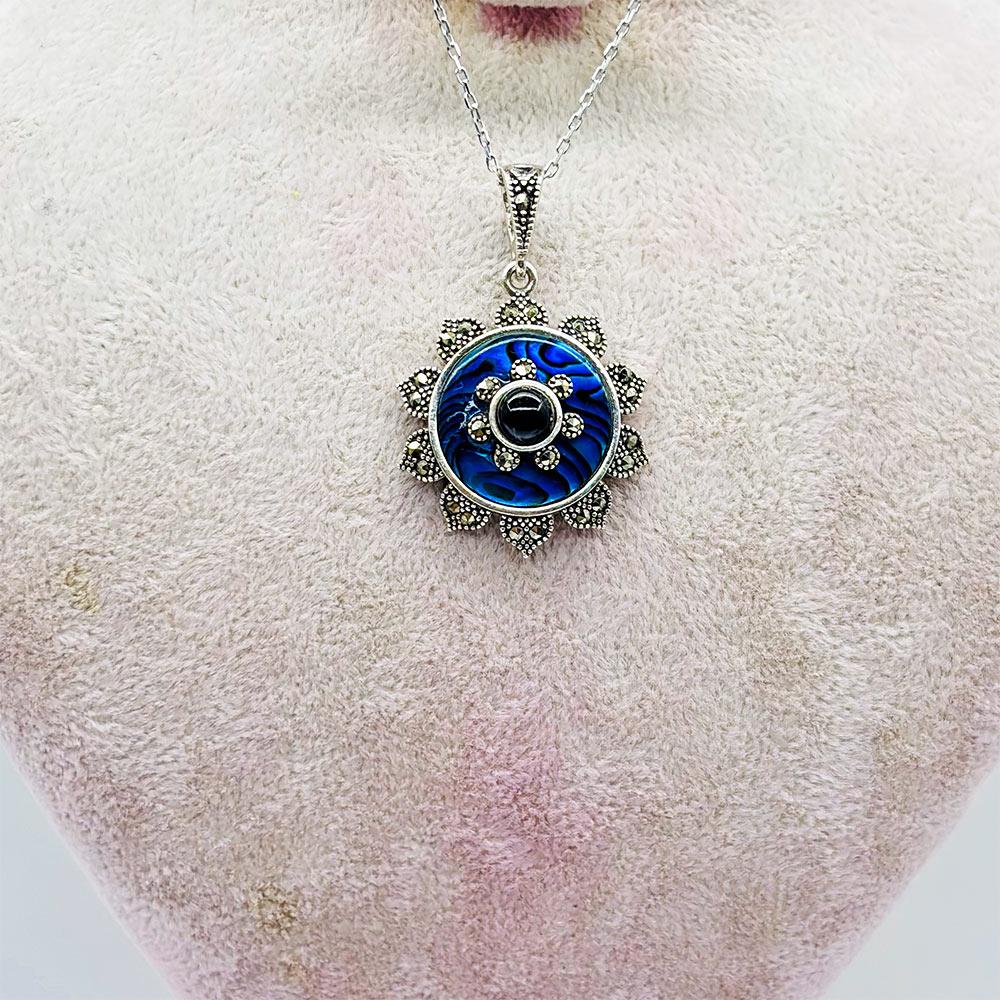 Blue Enamel & Oltu Stone Crafted 925 K Silver Women's Necklace