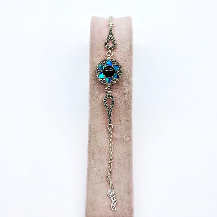 Mavi Mine ve Oltu Taşı İşçilikli 925 Ayar Gümüş Bileklik 