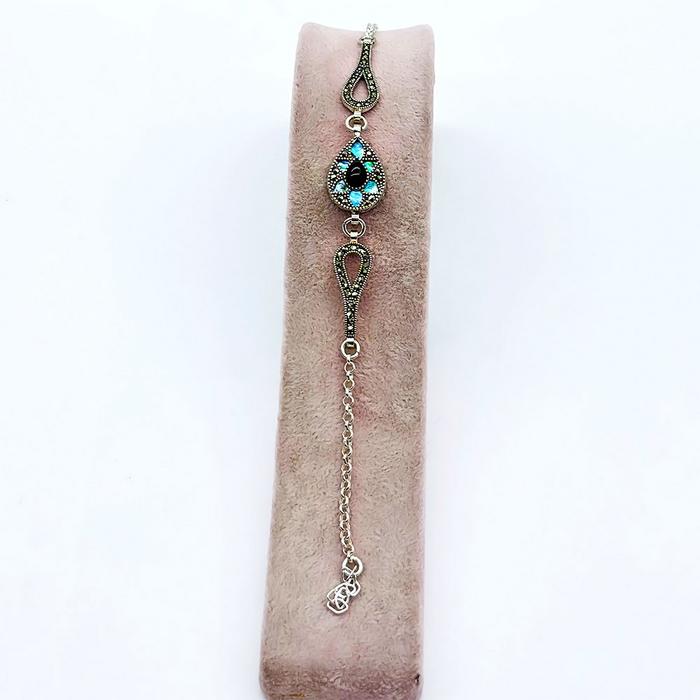 Mavi Mine ve Oltu Taşı İşçilikli 925 Ayar Gümüş Bileklik