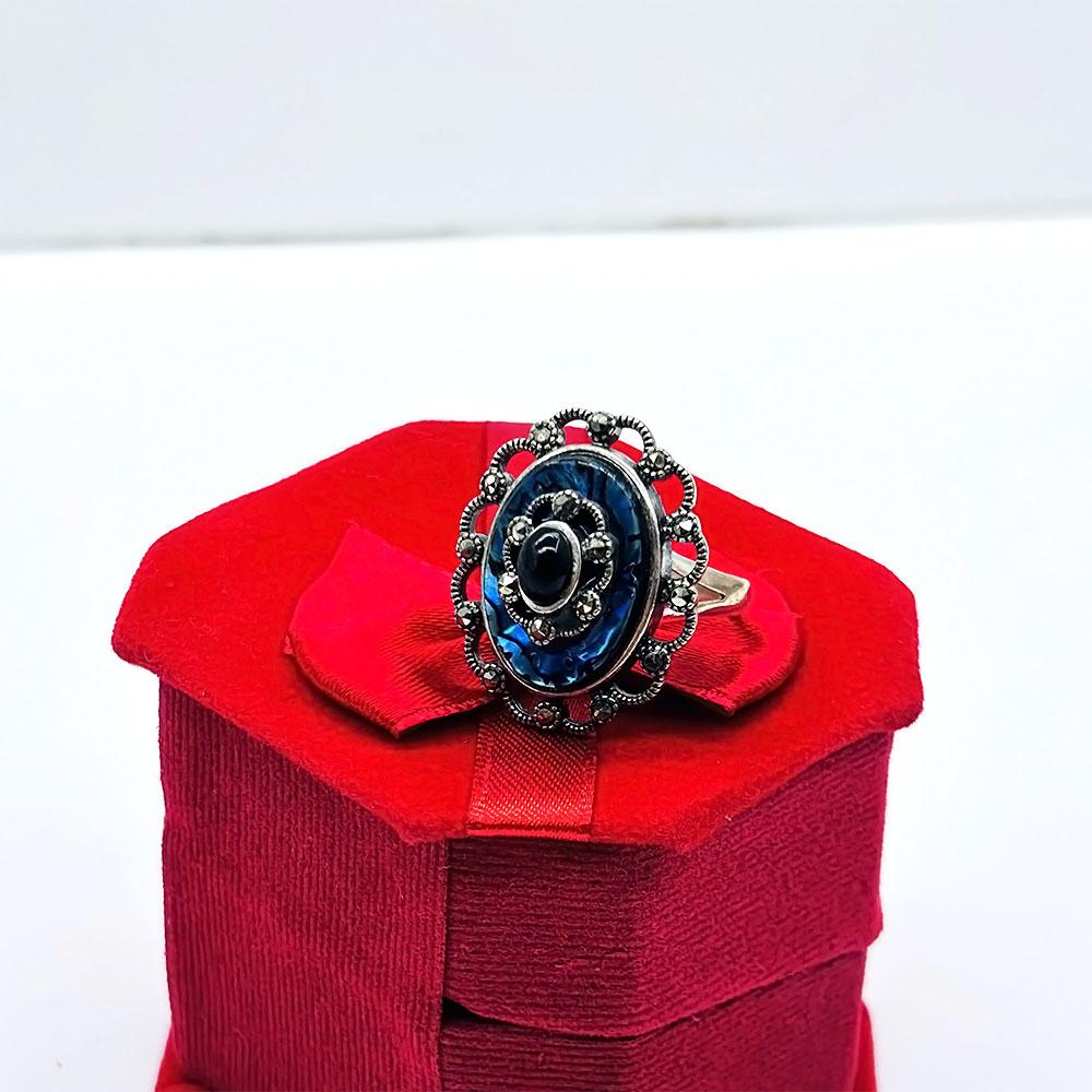 Blue Enamel & Oltu Stone Crafted 925 K Silver Ring