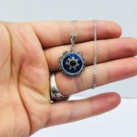 Mavi Mine ve Oltu Taşı İşçilikli 925 Ayar Gümüş Kadın Kolye