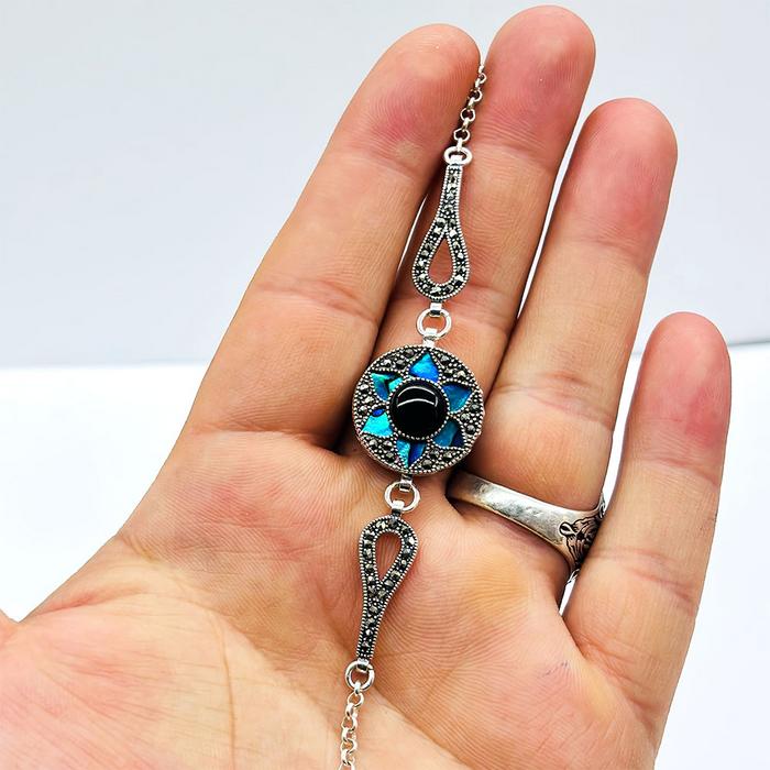 Mavi Mine ve Oltu Taşı İşçilikli 925 Ayar Gümüş Bileklik 