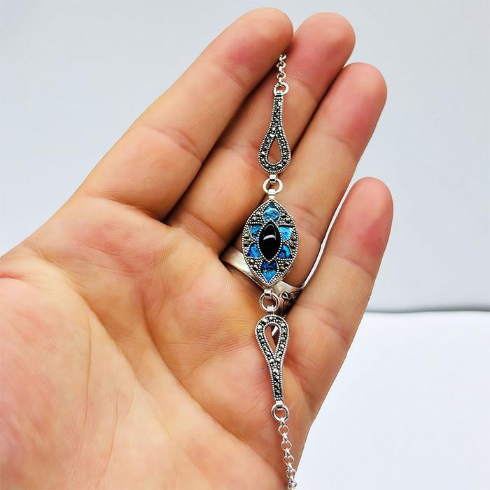Mavi Mine ve Oltu Taşı İşçilikli 925 Ayar Gümüş Bileklik