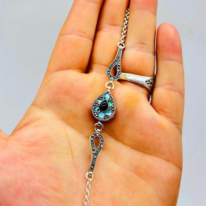 Mavi Mine ve Oltu Taşı İşçilikli 925 Ayar Gümüş Bileklik