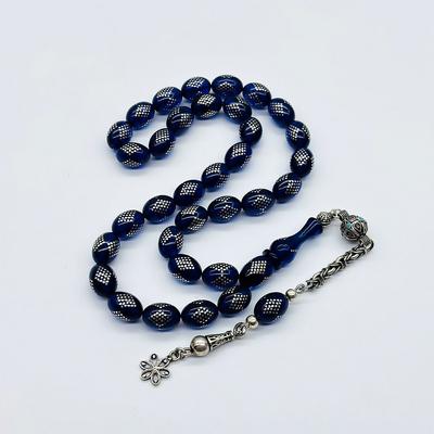 Mavi Renkte 925 Ayar Gümüş İşlemeli Sıkma Ateş Kehribar Tesbih