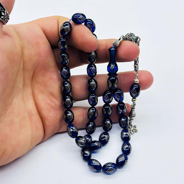 Mavi Renkte 925 Ayar Gümüş İşlemeli Sıkma Ateş Kehribar Tesbih