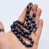 Mavi Renkte 925 Ayar Gümüş İşlemeli Sıkma Ateş Kehribar Tesbih