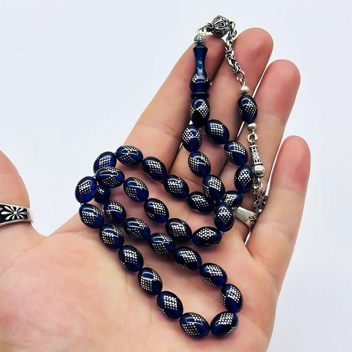 Mavi Renkte 925 Ayar Gümüş İşlemeli Sıkma Ateş Kehribar Tesbih