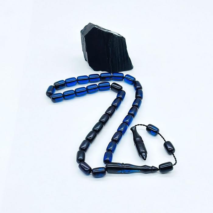 Mavi Renkte Hareli Sıkma Ateş Kehribar Tesbih