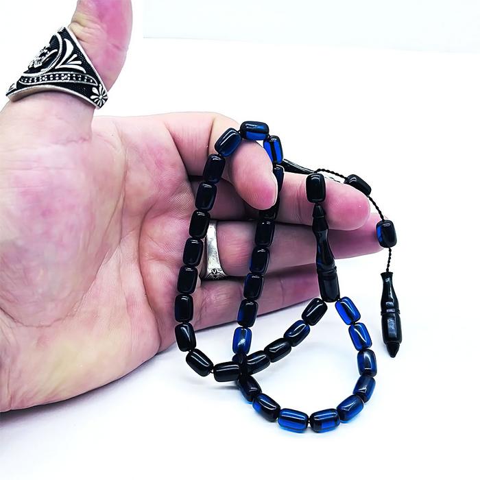 Mavi Renkte Hareli Sıkma Ateş Kehribar Tesbih