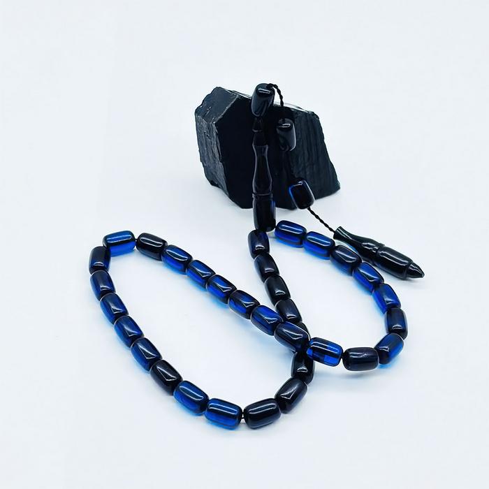 Mavi Renkte Hareli Sıkma Ateş Kehribar Tesbih