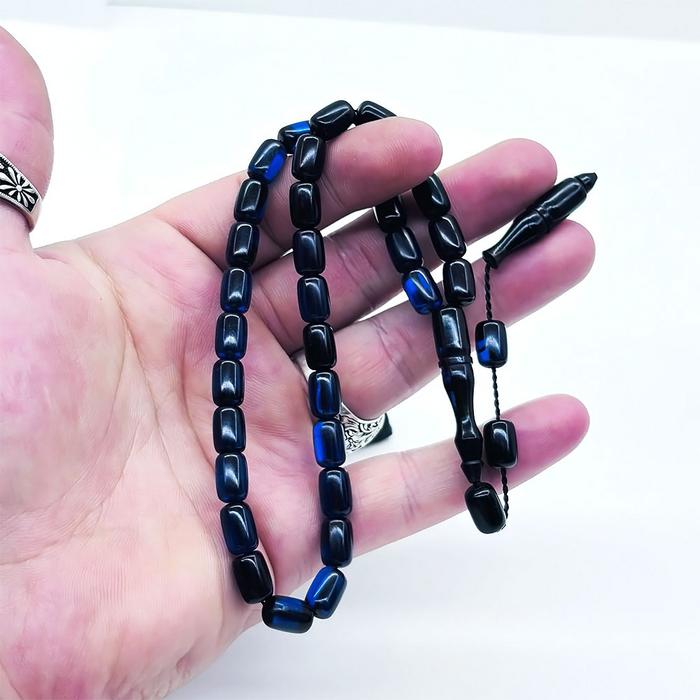 Mavi Renkte Hareli Sıkma Ateş Kehribar Tesbih