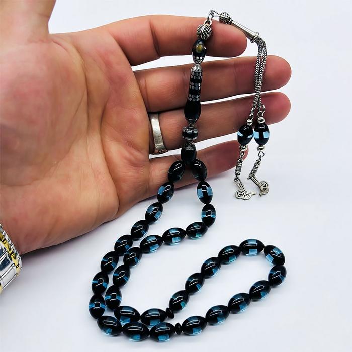 Mavi Renkte Sürmeli Toz Sıkma Kehribar Tesbih