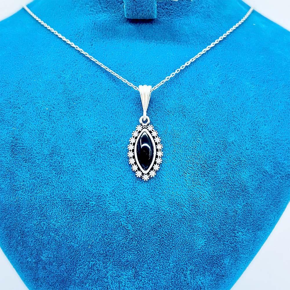 Marquise Zircon & Oltu Stone Crafted 925 K Silver Necklace