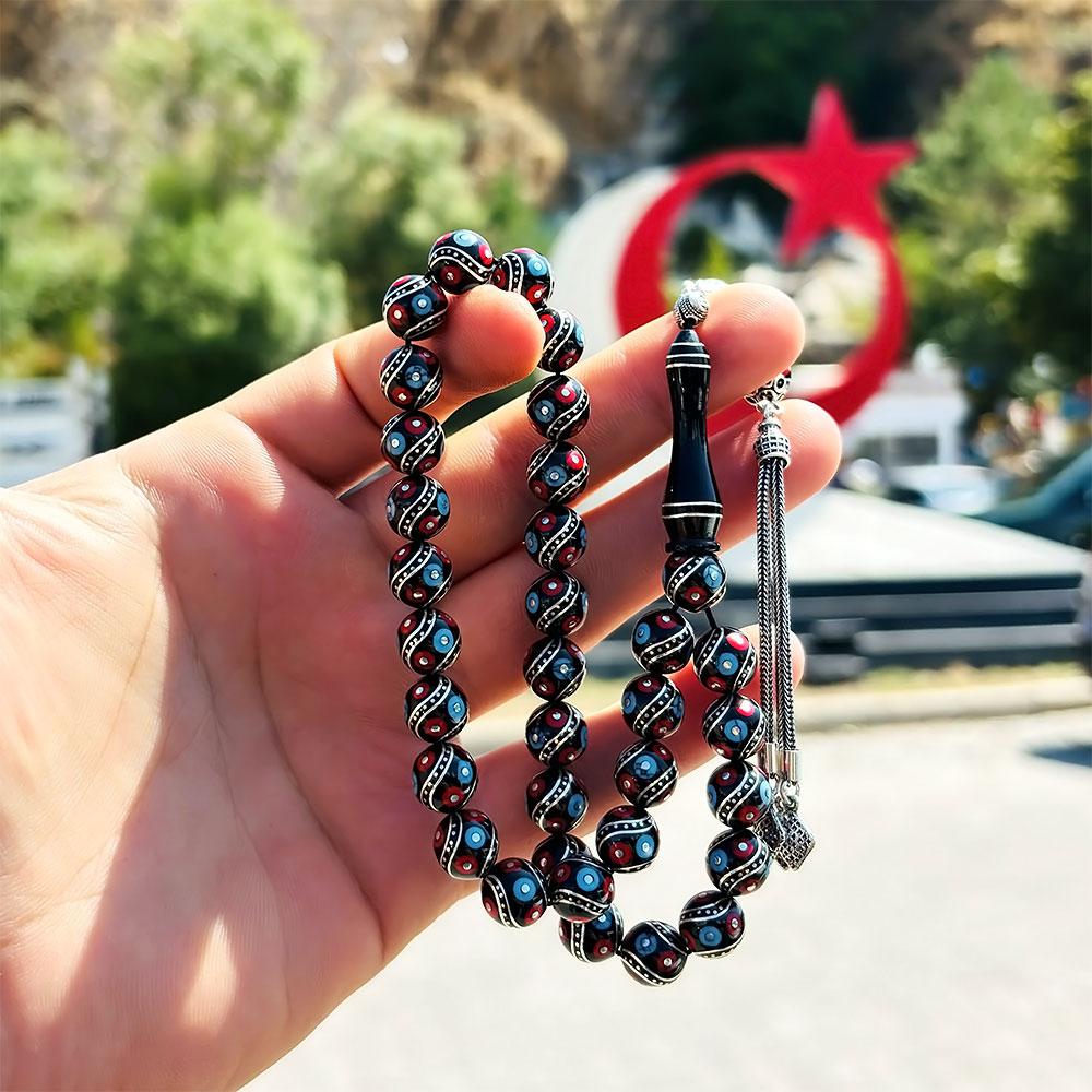 Coral Turquoise Şah & Silver Engraved Erzurum Oltu Stone Prayer Beads