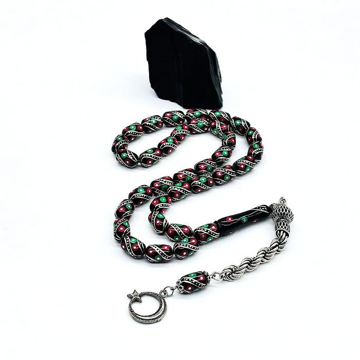 Mercan ve Çeşm-i Bülbül İşlemeli Erzurum Oltu Taşı Tesbih