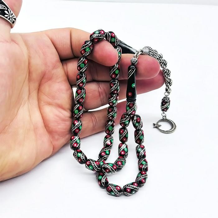 Mercan ve Çeşm-i Bülbül İşlemeli Erzurum Oltu Taşı Tesbih