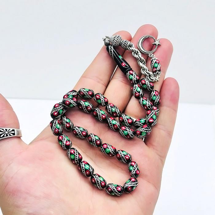 Mercan ve Çeşm-i Bülbül İşlemeli Erzurum Oltu Taşı Tesbih