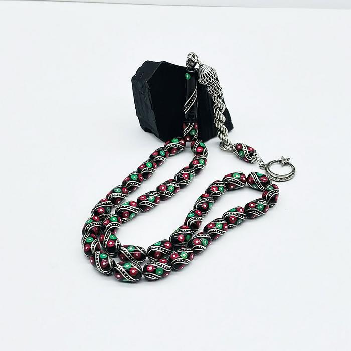 Mercan ve Çeşm-i Bülbül İşlemeli Erzurum Oltu Taşı Tesbih