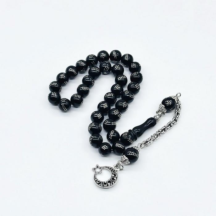 Misket Kesim Gümüş İşlemeli Gürcistan Oltu Taşı Tesbih