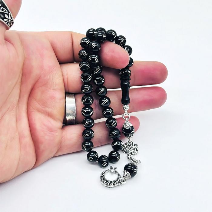 Misket Kesim Gümüş İşlemeli Gürcistan Oltu Taşı Tesbih