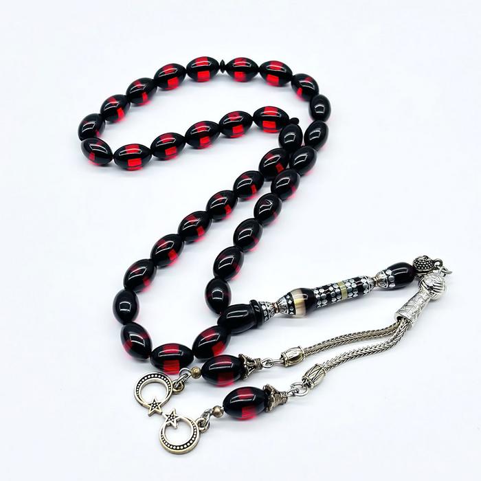 Nakkaş İmameli Kırmızı Sürmeli Sıkma Toz Kehribar Tesbih