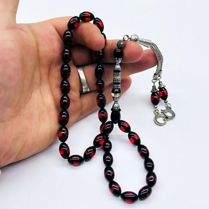 Nakkaş İmameli Kırmızı Sürmeli Sıkma Toz Kehribar Tesbih