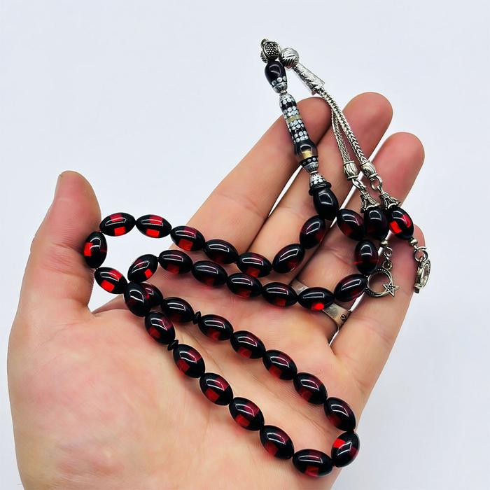 Nakkaş İmameli Kırmızı Sürmeli Sıkma Toz Kehribar Tesbih