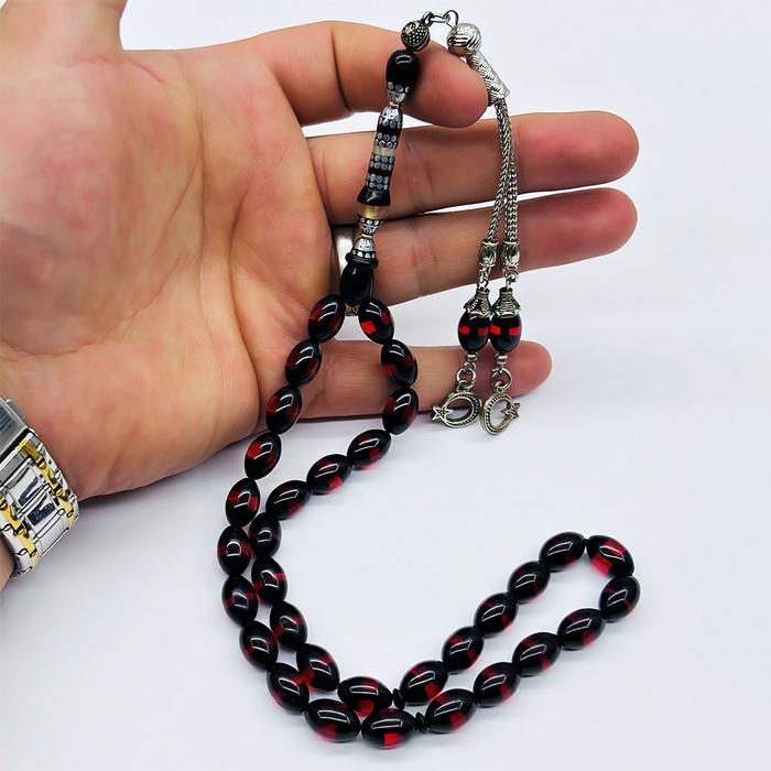 Nakkaş İmameli Kırmızı Sürmeli Sıkma Toz Kehribar Tesbih