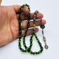 Nakkaş İmameli Yeşil Sürmeli Toz Sıkma Kehribar Tesbih