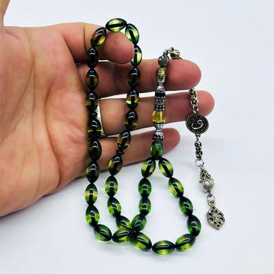 Nakkaş İmameli Yeşil Sürmeli Toz Sıkma Kehribar Tesbih