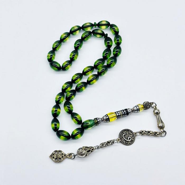 Nakkaş İmameli Yeşil Sürmeli Toz Sıkma Kehribar Tesbih