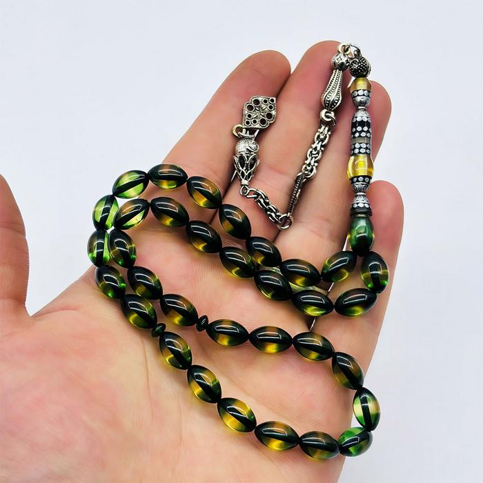 Nakkaş İmameli Yeşil Sürmeli Toz Sıkma Kehribar Tesbih