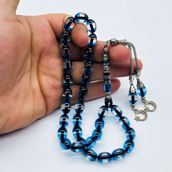 Nakkaş İmemeli Mavi Sürmeli Toz Sıkma Kehribar Tesbih