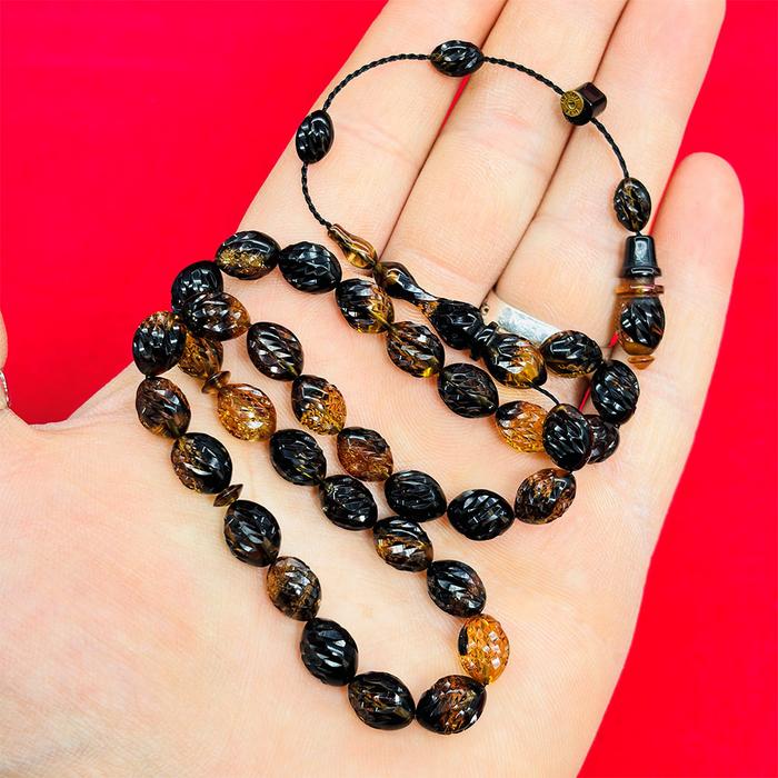 Nakkaş Oyma İşçilikli Sıkma Ateş Kehribar Tesbih