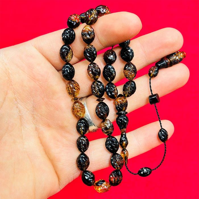 Nakkaş Oyma İşçilikli Sıkma Ateş Kehribar Tesbih