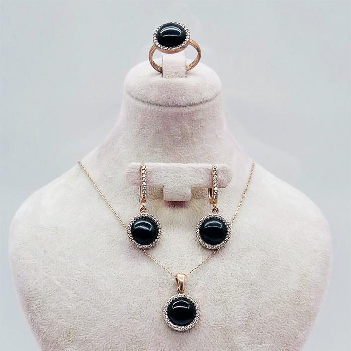 Oltu Taşı İşçilikli 925 Ayar Gümüş Kolye Küpe Yüzük Set