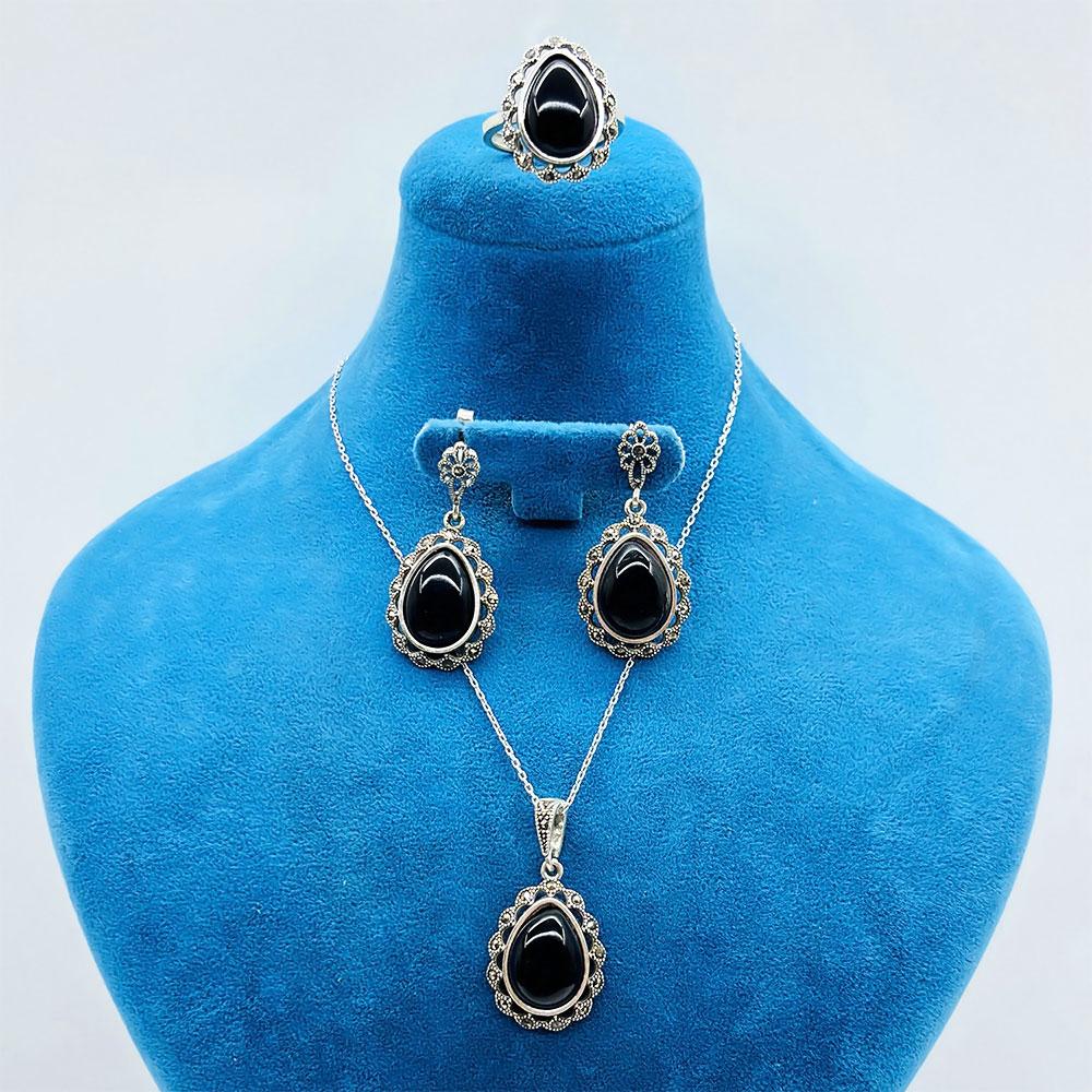 Oltu Stone Crafted 925 K Silver Ring Earrings Necklace Set