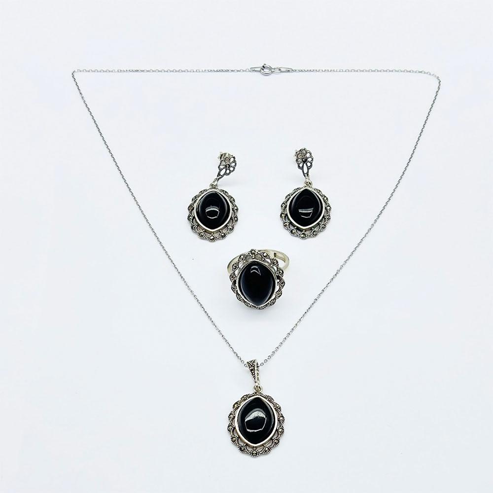 Oltu Stone Crafted 925 K Silver Ring Earrings Necklace Set