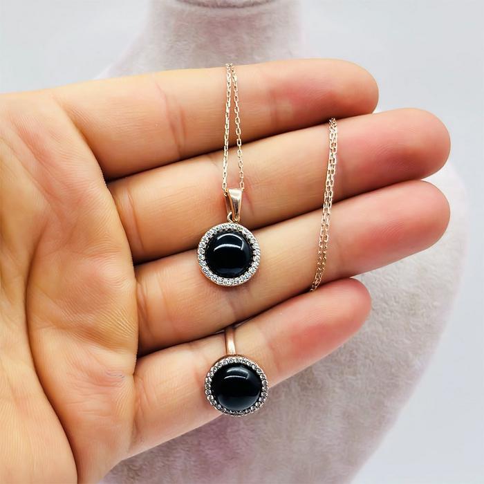 Oltu Taşı İşçilikli 925 Ayar Gümüş Kolye Küpe Yüzük Set