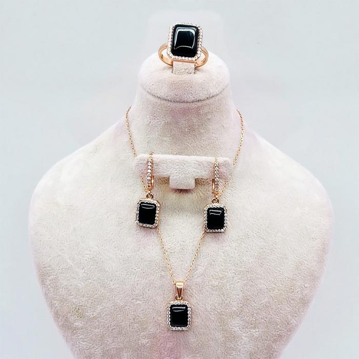 Oltu Taşı İşçilikli 925 Ayar Gümüş Kolye Küpe Yüzük Set