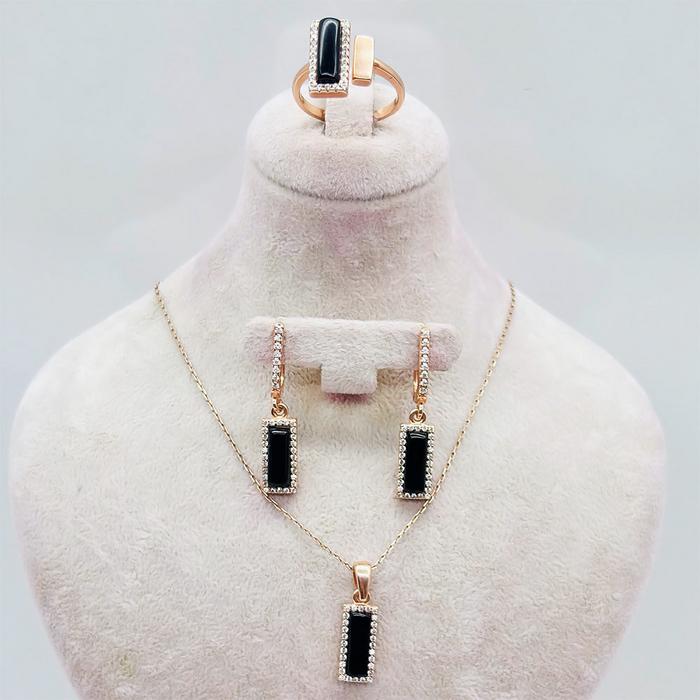 Oltu Taşı İşçilikli 925 Ayar Gümüş Kolye Küpe Yüzük Set