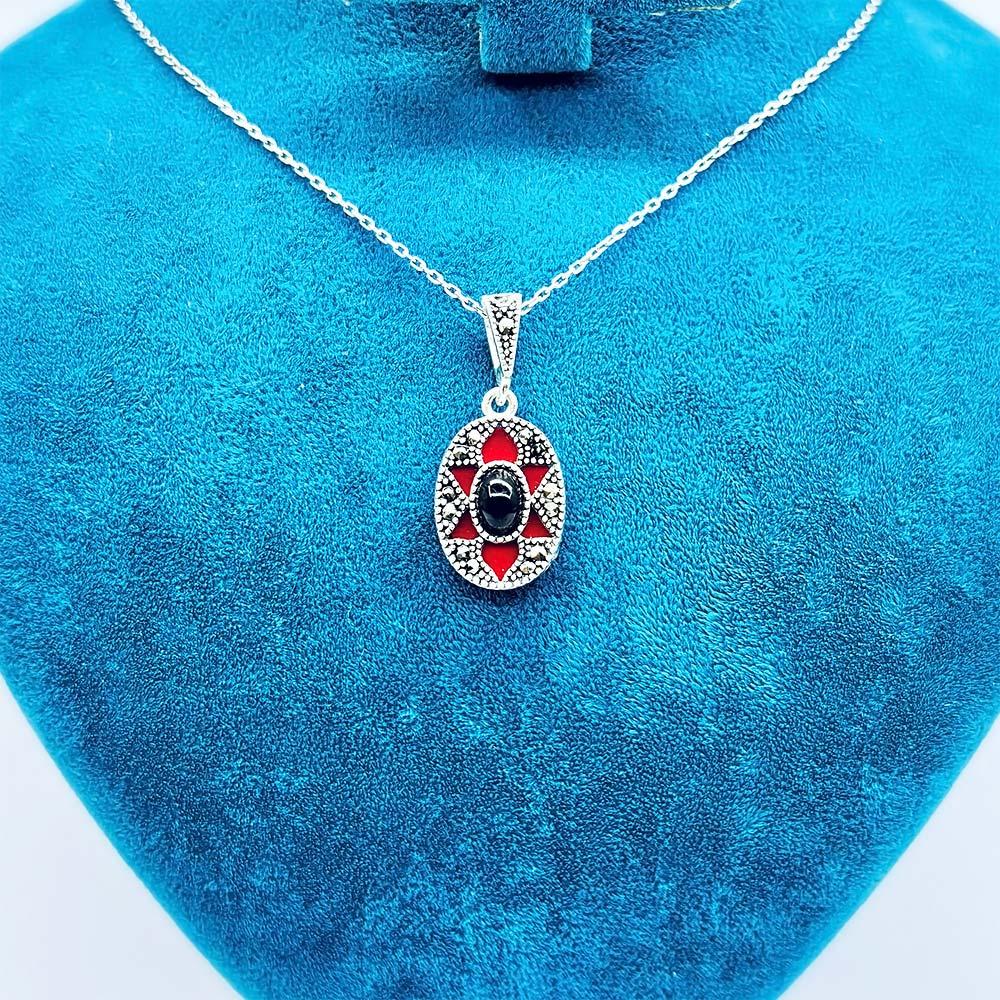 Oltu Stone Margazit & Enamel Crafted 925 K Silver Necklace