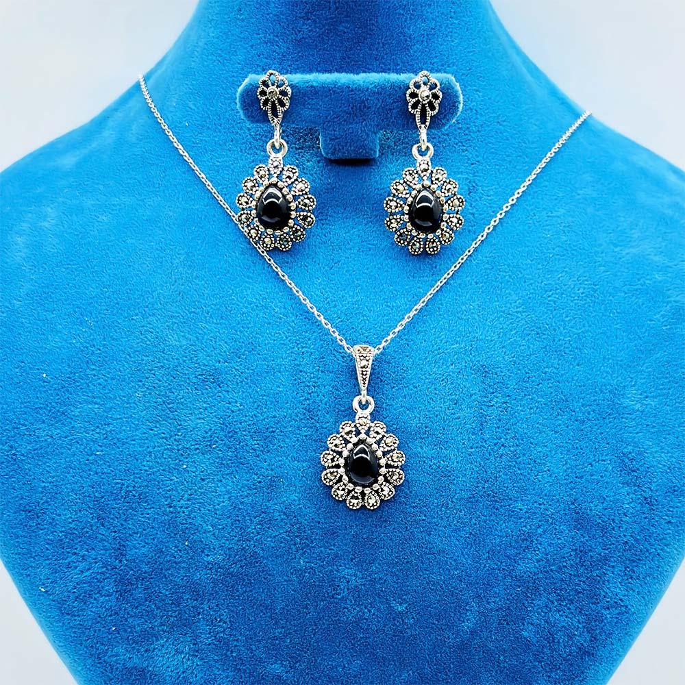 Oltu Stone Design 925 K Silver Earrings Necklace Set