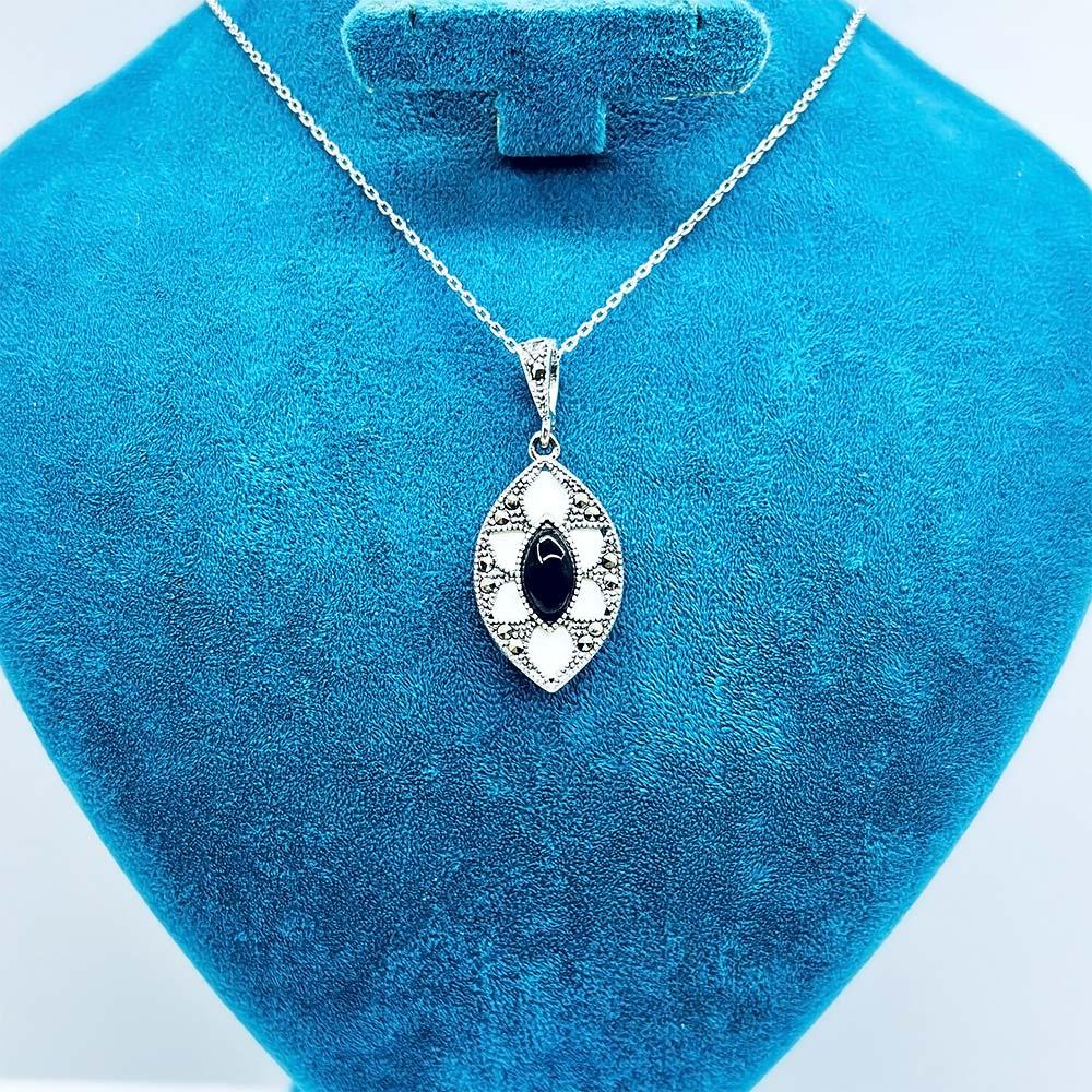 Oltu Stone & White Enamel Crafted 925 K Silver Necklace