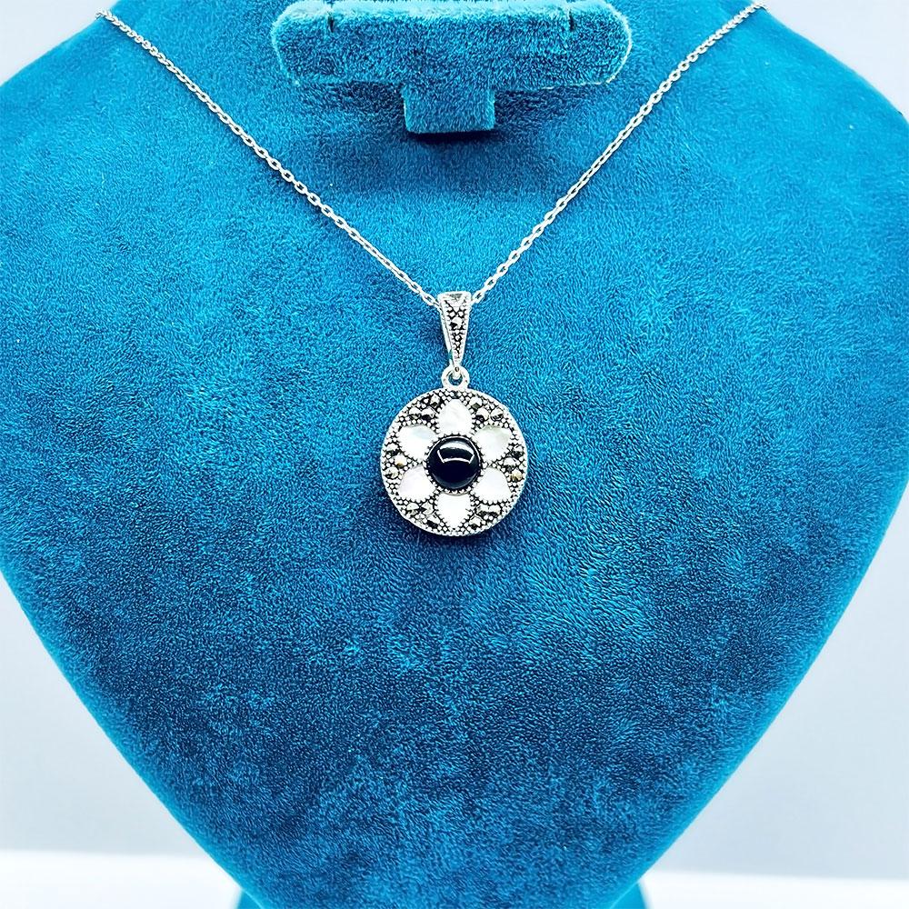 Oltu Stone & Mother-of-Pearl Crafted 925 K Silver Necklace