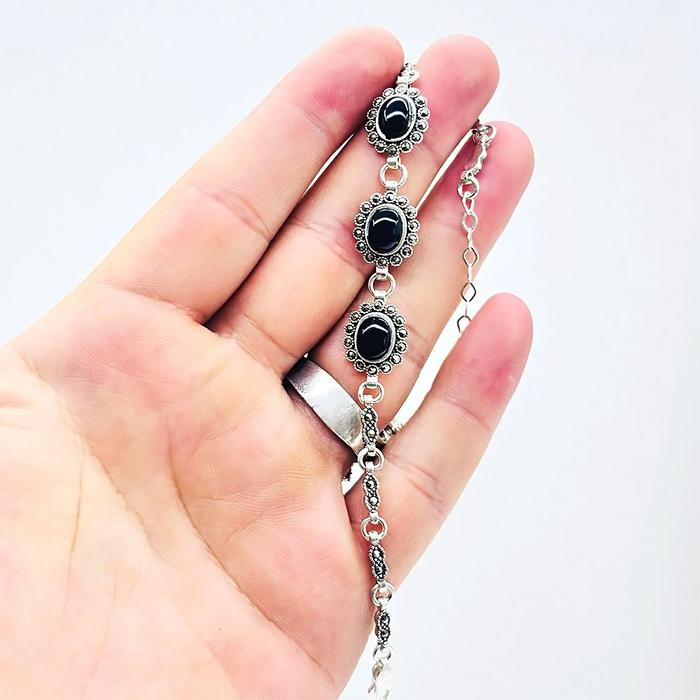 Oltu Taşı ve Zirkon İşçilikli 925 Ayar Gümüş Bileklik