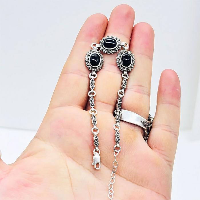 Oltu Taşı ve Zirkon İşçilikli 925 Ayar Gümüş Bileklik