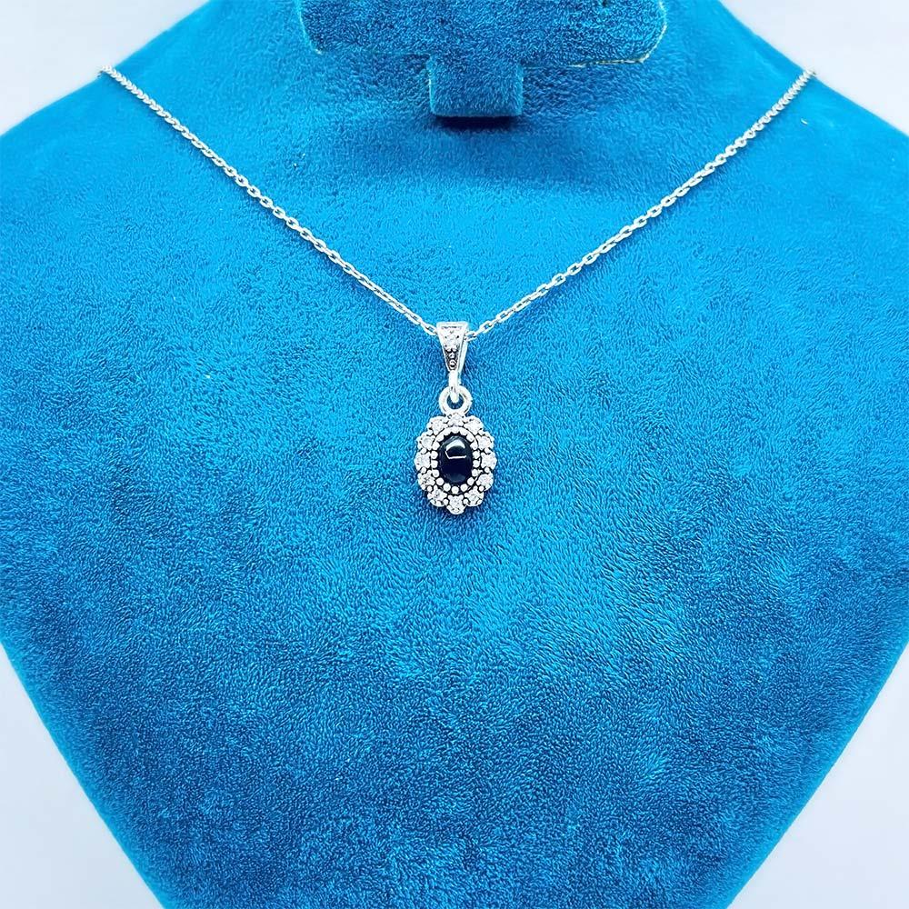 Oval Mini Size Zircon & Oltu Stone Crafted 925 K Silver Necklace
